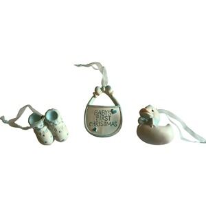 Vintage Babys First Christmas Ornament Set Blue White Duck Bib Booties 3pc